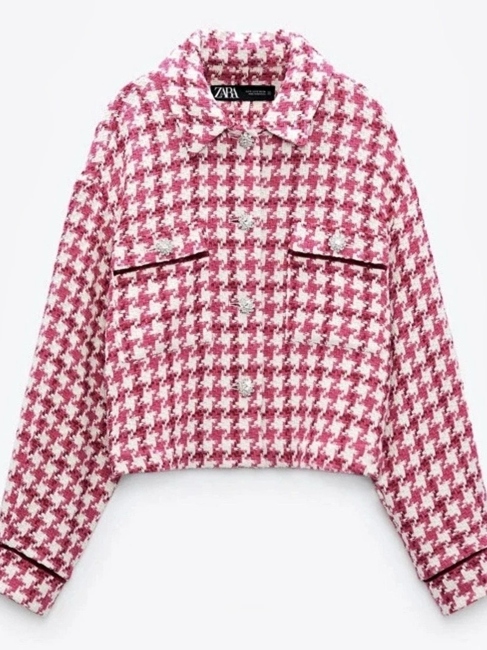 Zara Pink Houndstooth Tweed Cropped Blazer Jacket with Rhinestone Buttons XS